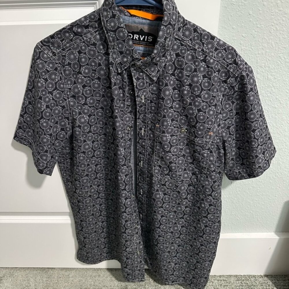 Orvis unique Men's Dark Gray fly reel Patterned Button Down Shirt